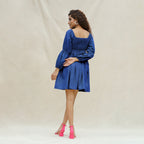 Blue Handspun Cotton Bohemian Gathered Short Dress
