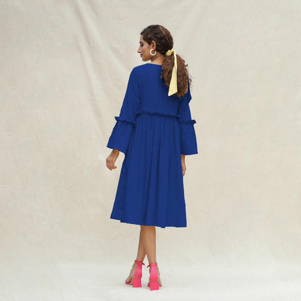 Blue Handspun Cotton Bohemian Midi Dress