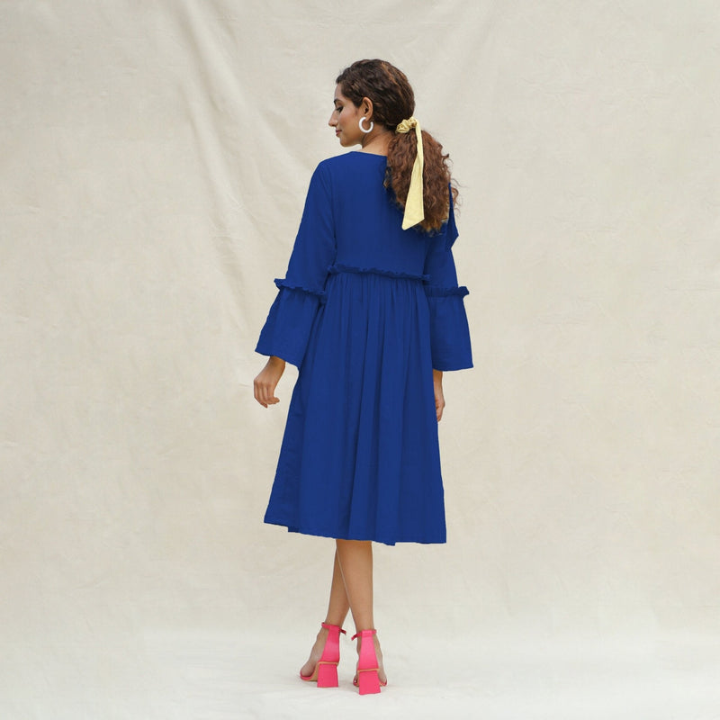Blue Handspun Cotton Bohemian Midi Dress
