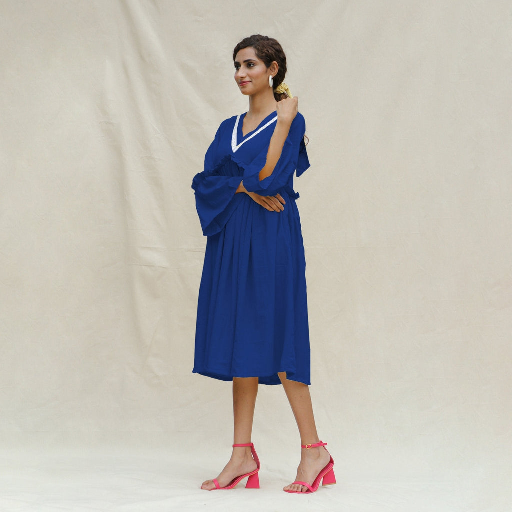 Blue Handspun Cotton Bohemian Midi Dress