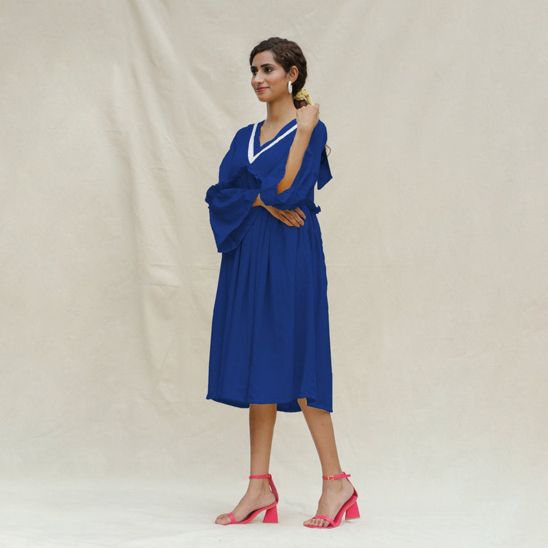 Blue Handspun Cotton Bohemian Midi Dress