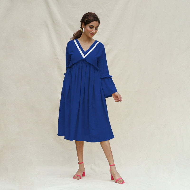 Blue Handspun Cotton Bohemian Midi Dress