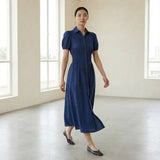 Blue Handspun Cotton Button-Down Midi Shirt Dress