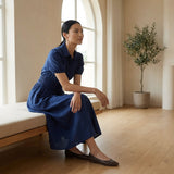 Blue Handspun Cotton Button-Down Midi Shirt Dress