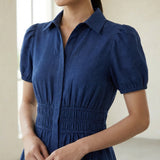 Blue Handspun Cotton Button-Down Midi Shirt Dress