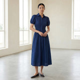 Blue Handspun Cotton Button-Down Midi Shirt Dress