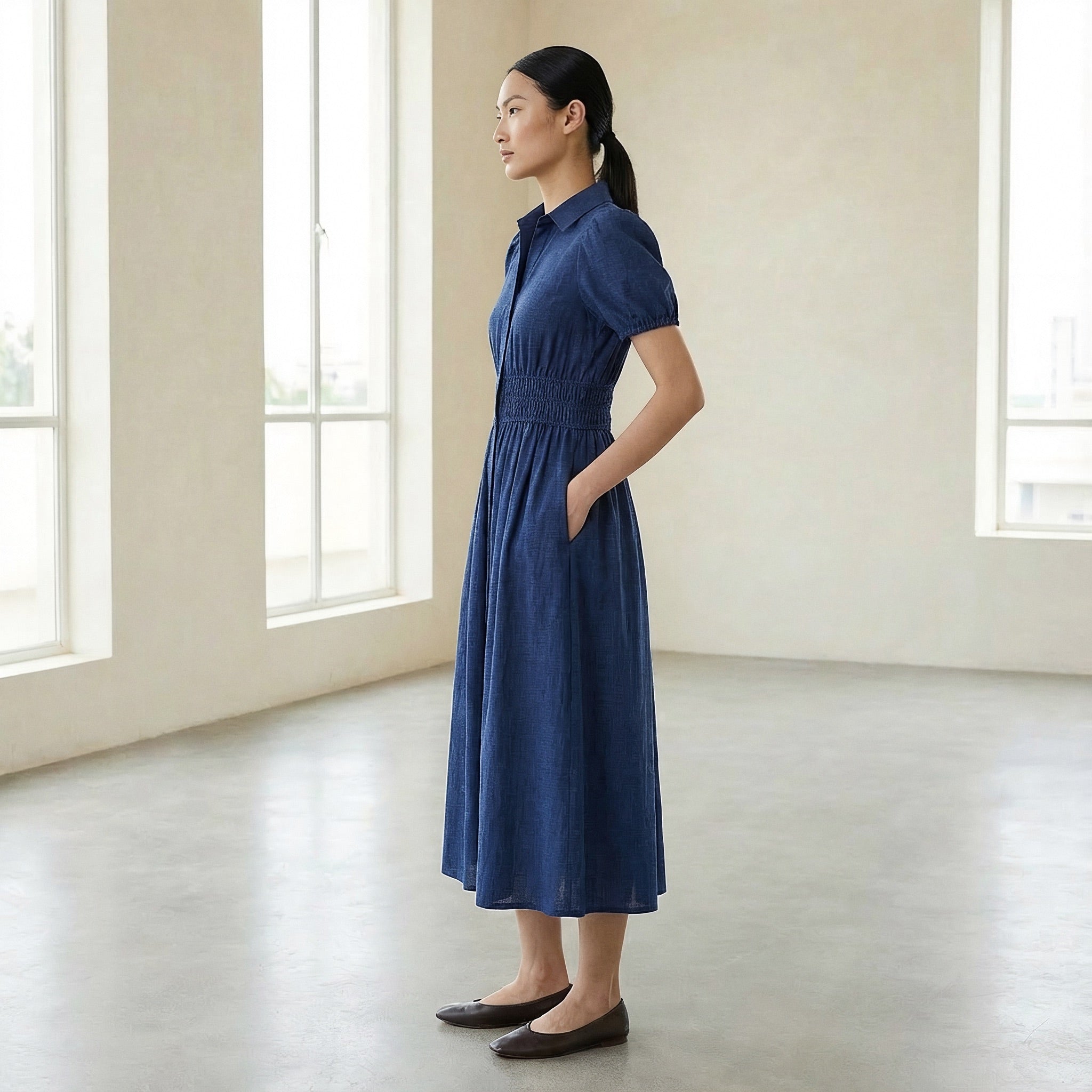 Blue Handspun Cotton Button-Down Midi Shirt Dress
