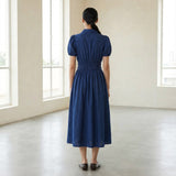 Blue Handspun Cotton Button-Down Midi Shirt Dress