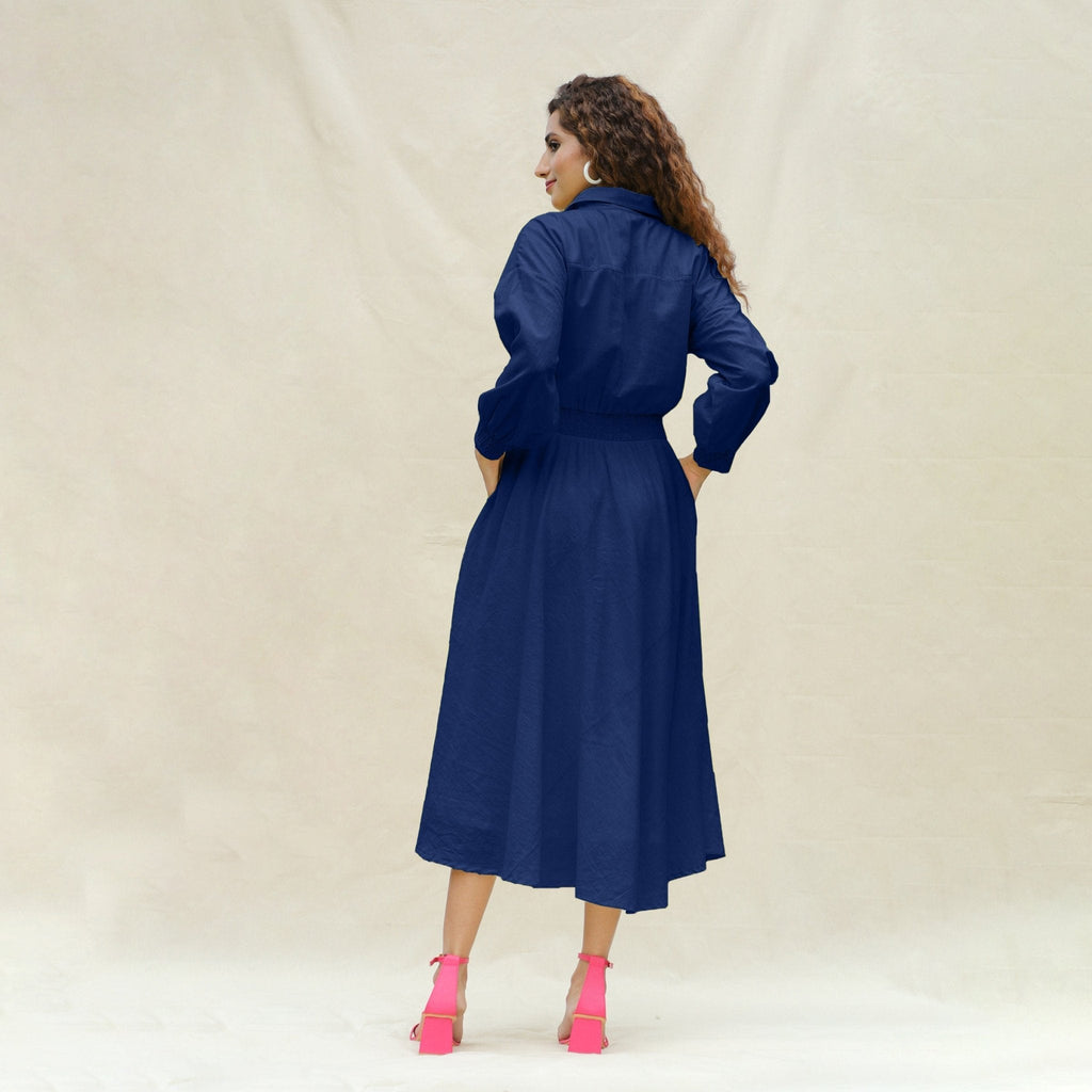 Blue Handspun Cotton Button-Down Yoked Maxi Dress