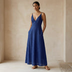 Blue Handspun Cotton Deep V-Neck Cami Maxi Dress