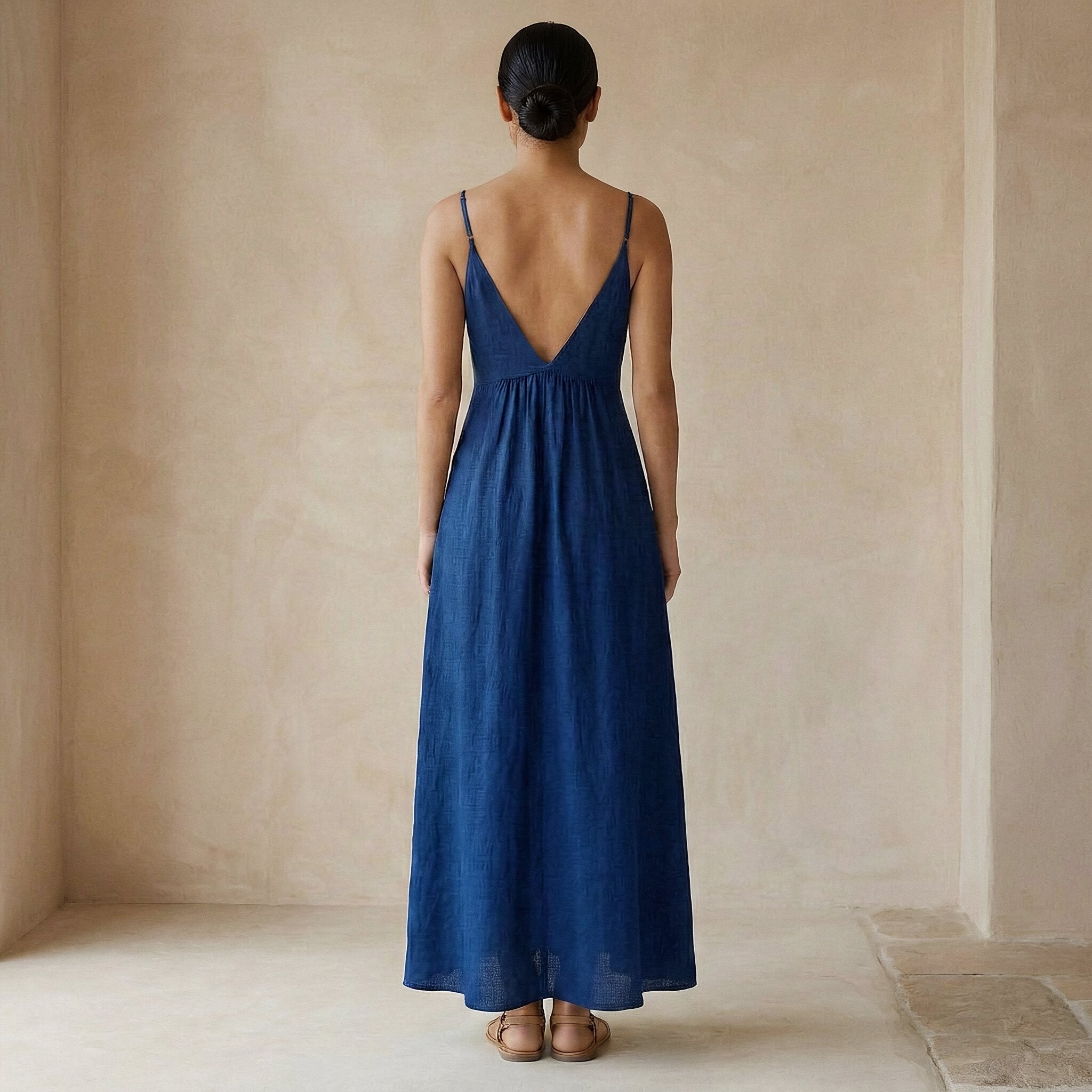 Blue Handspun Cotton Deep V-Neck Cami Maxi Dress