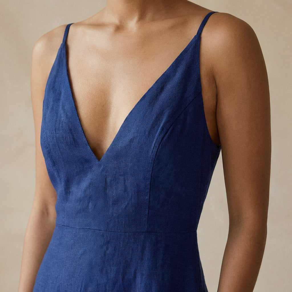 Blue Handspun Cotton Deep V-Neck Cami Maxi Dress