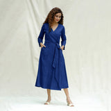 Blue Handspun Cotton Drop Shoulder Midi Wrap Dress