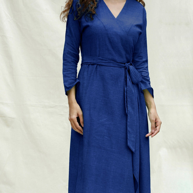 Blue Handspun Cotton Drop Shoulder Midi Wrap Dress