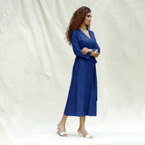 Blue Handspun Cotton Drop Shoulder Midi Wrap Dress