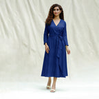 Blue Handspun Cotton Drop Shoulder Midi Wrap Dress
