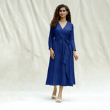 Blue Handspun Cotton Drop Shoulder Midi Wrap Dress