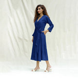 Blue Handspun Cotton Drop Shoulder Midi Wrap Dress