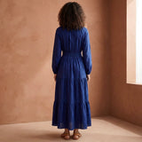 Blue Handspun Cotton Fit and Flare Maxi Tier Dress