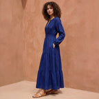 Blue Handspun Cotton Fit and Flare Maxi Tier Dress
