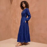 Blue Handspun Cotton Fit and Flare Maxi Tier Dress