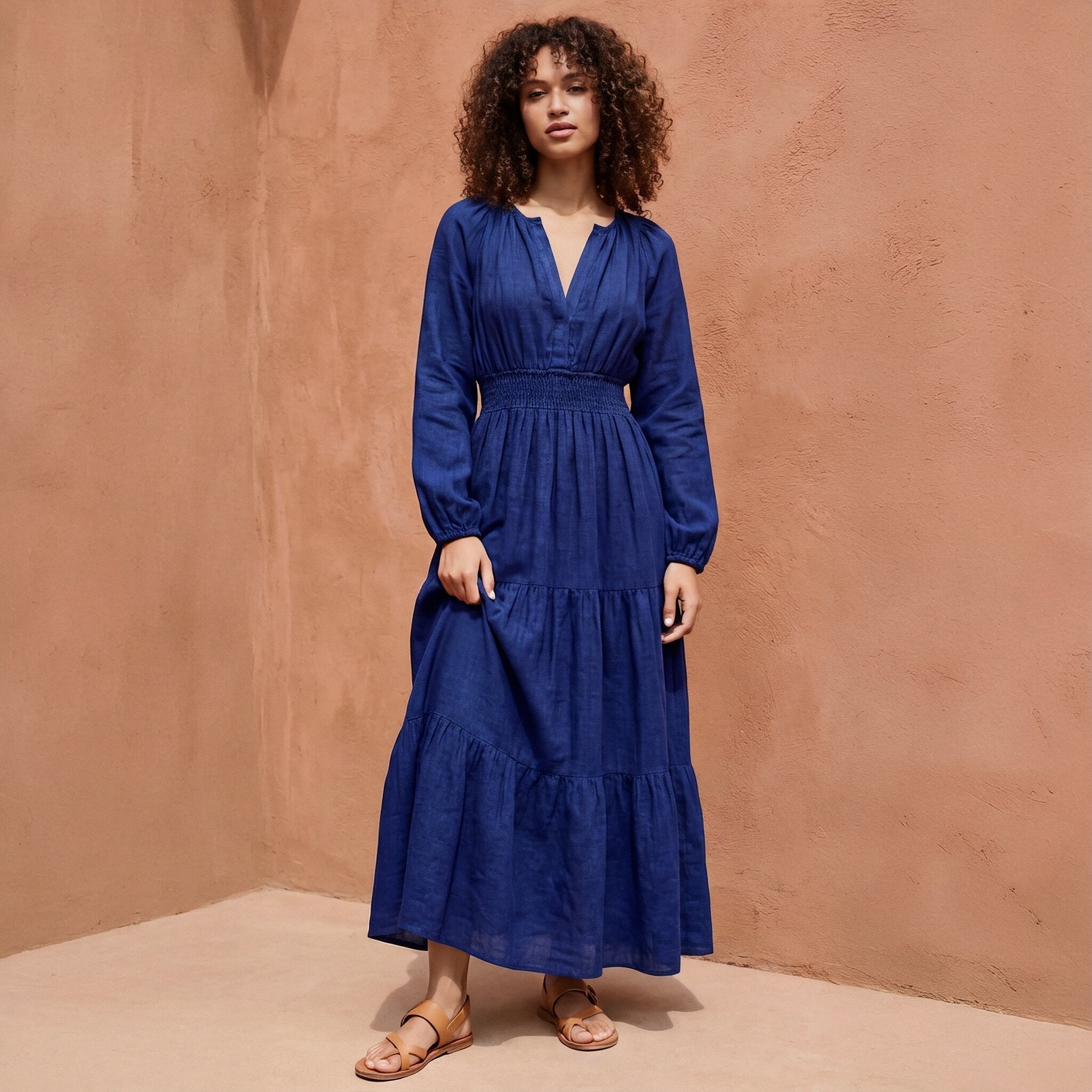 Blue Handspun Cotton Fit and Flare Maxi Tier Dress