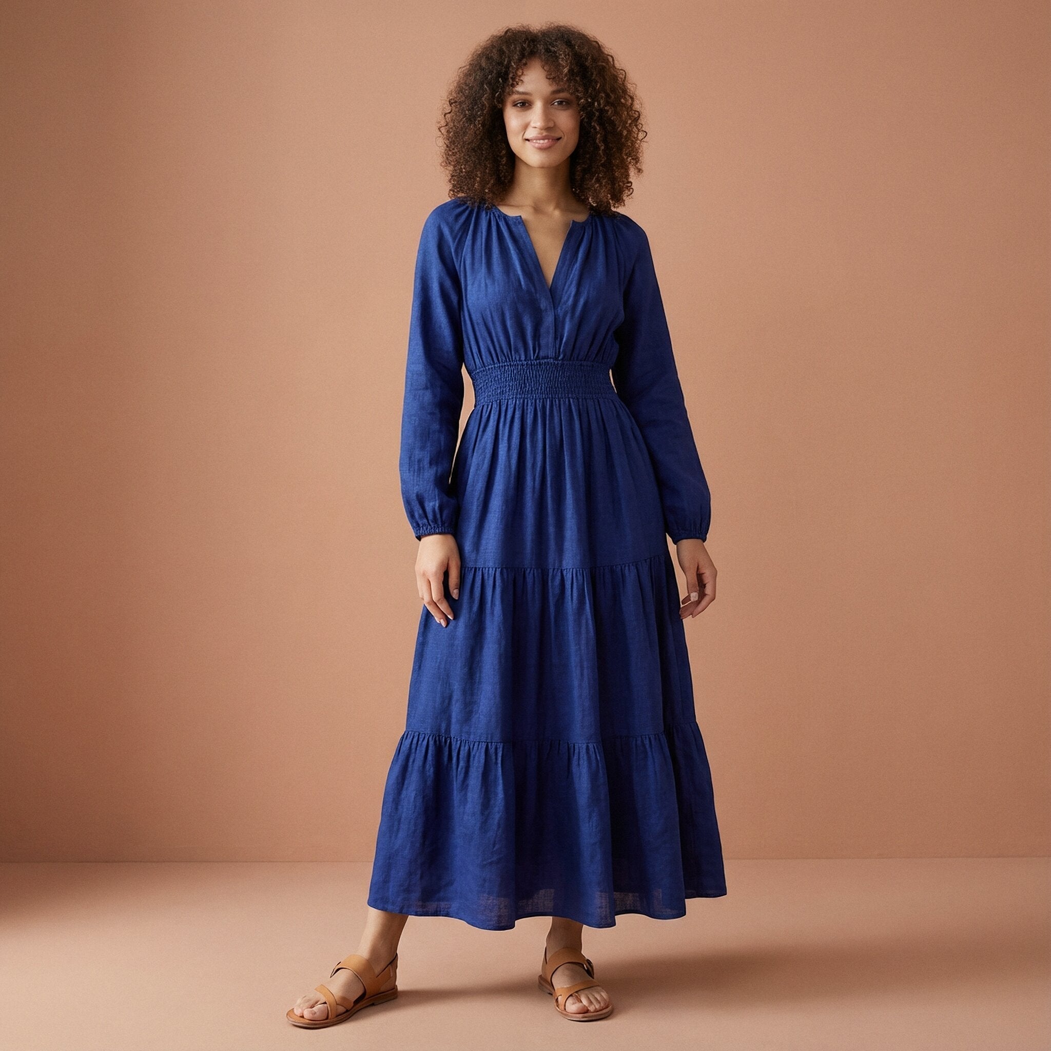 Blue Handspun Cotton Fit and Flare Maxi Tier Dress