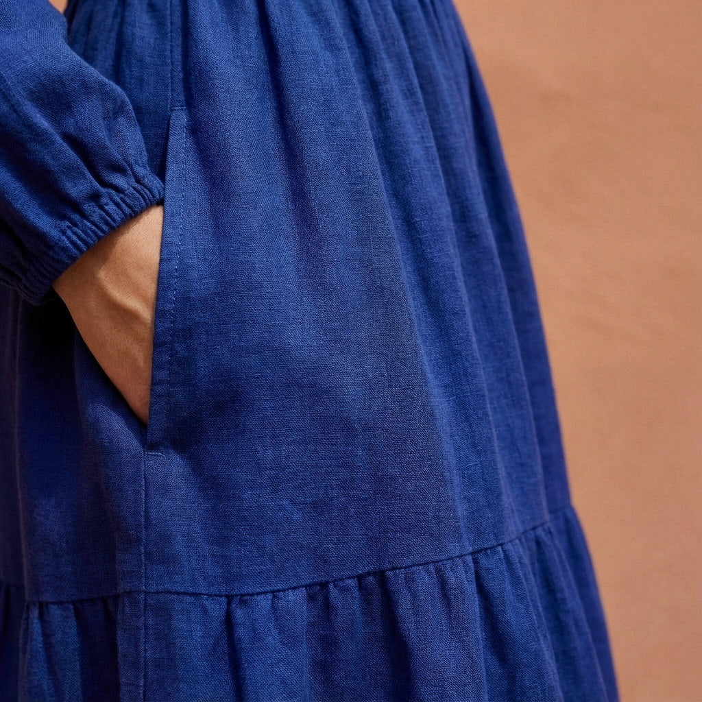 Blue Handspun Cotton Fit and Flare Maxi Tier Dress