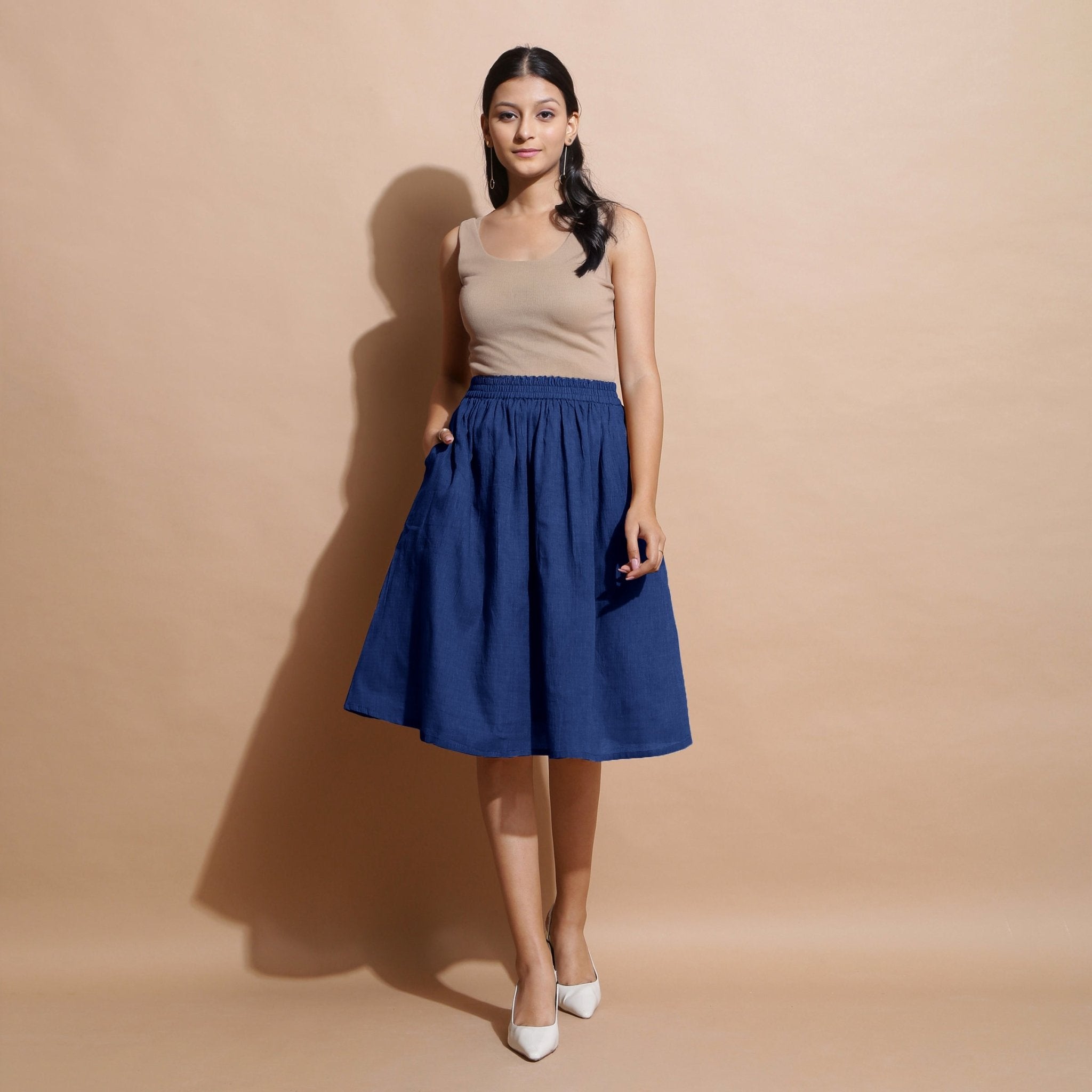 Blue Handspun Cotton Flared Elasticated Knee Length Skirt