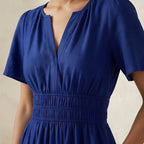 Blue Handspun Cotton Flutter Sleeve Tie-Back Tiered Midi Dress