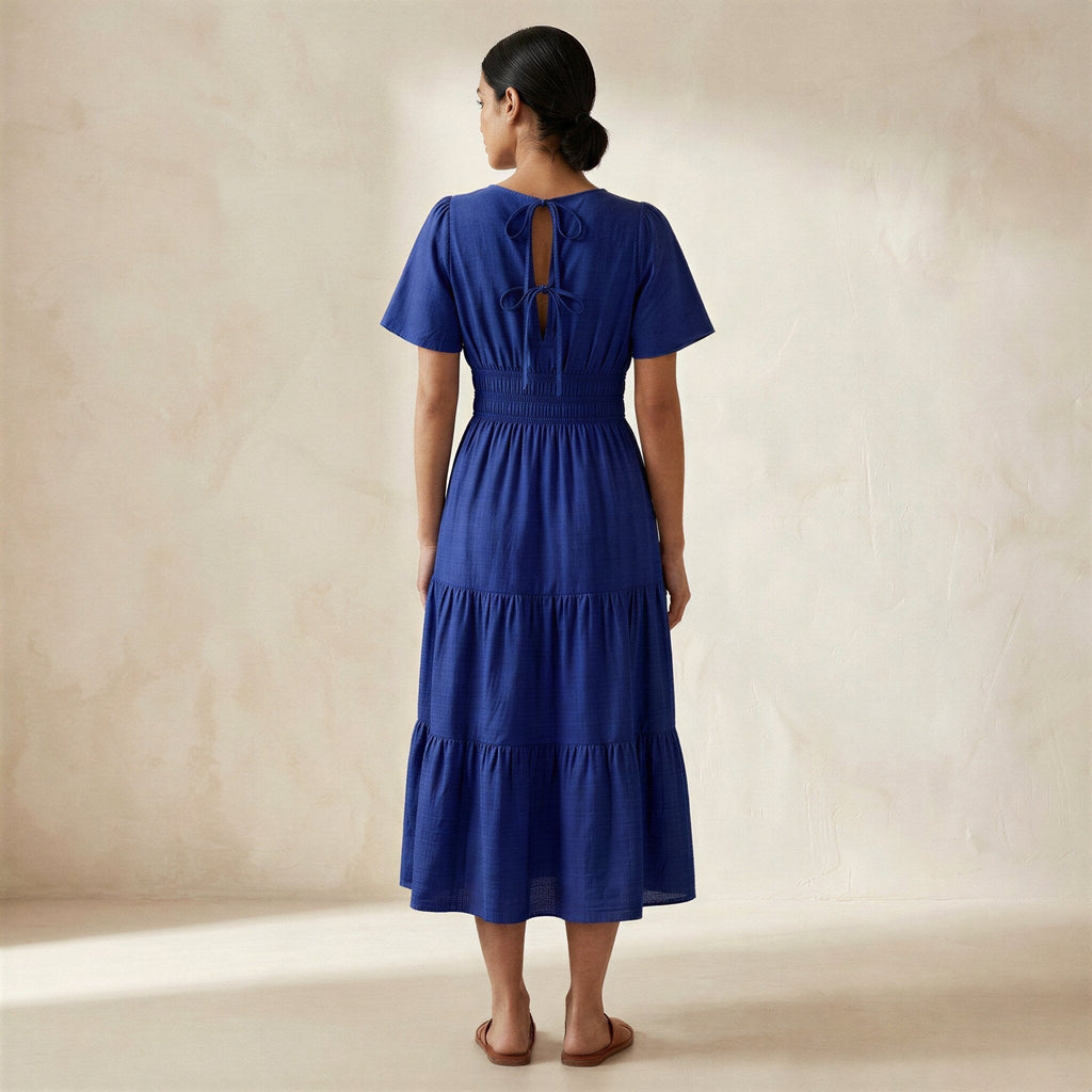 Blue Handspun Cotton Flutter Sleeve Tie-Back Tiered Midi Dress