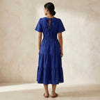 Blue Handspun Cotton Flutter Sleeve Tie-Back Tiered Midi Dress
