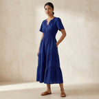 Blue Handspun Cotton Flutter Sleeve Tie-Back Tiered Midi Dress
