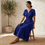 Blue Handspun Cotton Flutter Sleeve Tie-Back Tiered Midi Dress