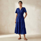 Blue Handspun Cotton Flutter Sleeve Tie-Back Tiered Midi Dress