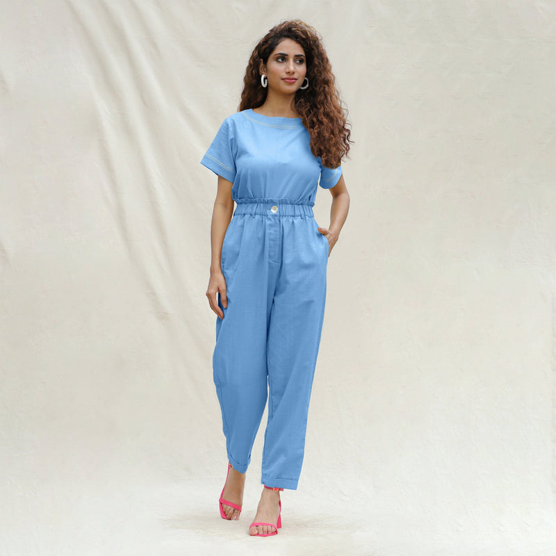 Powder Blue Handspun Cotton High-Rise Elasticated Paperbag Pant