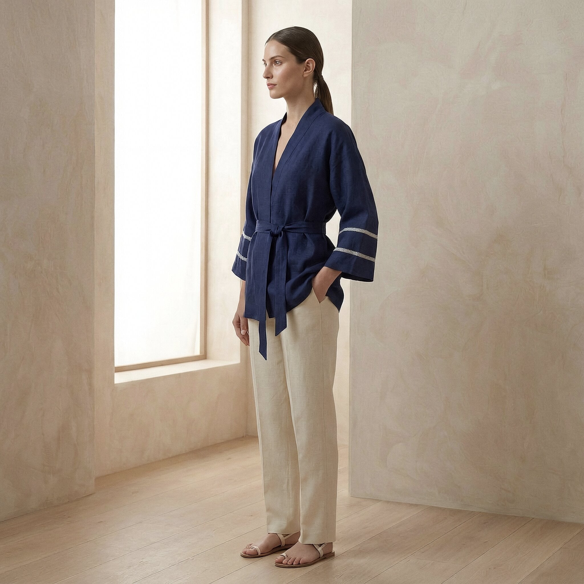 Blue Handspun Cotton Kyoto Kimono Sleeve Wrap Top