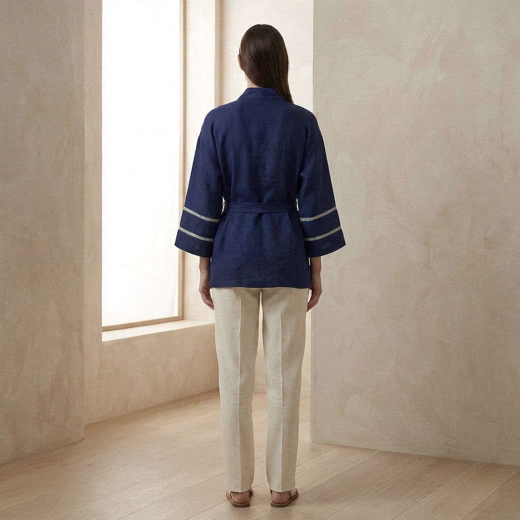 Blue Handspun Cotton Kyoto Kimono Sleeve Wrap Top