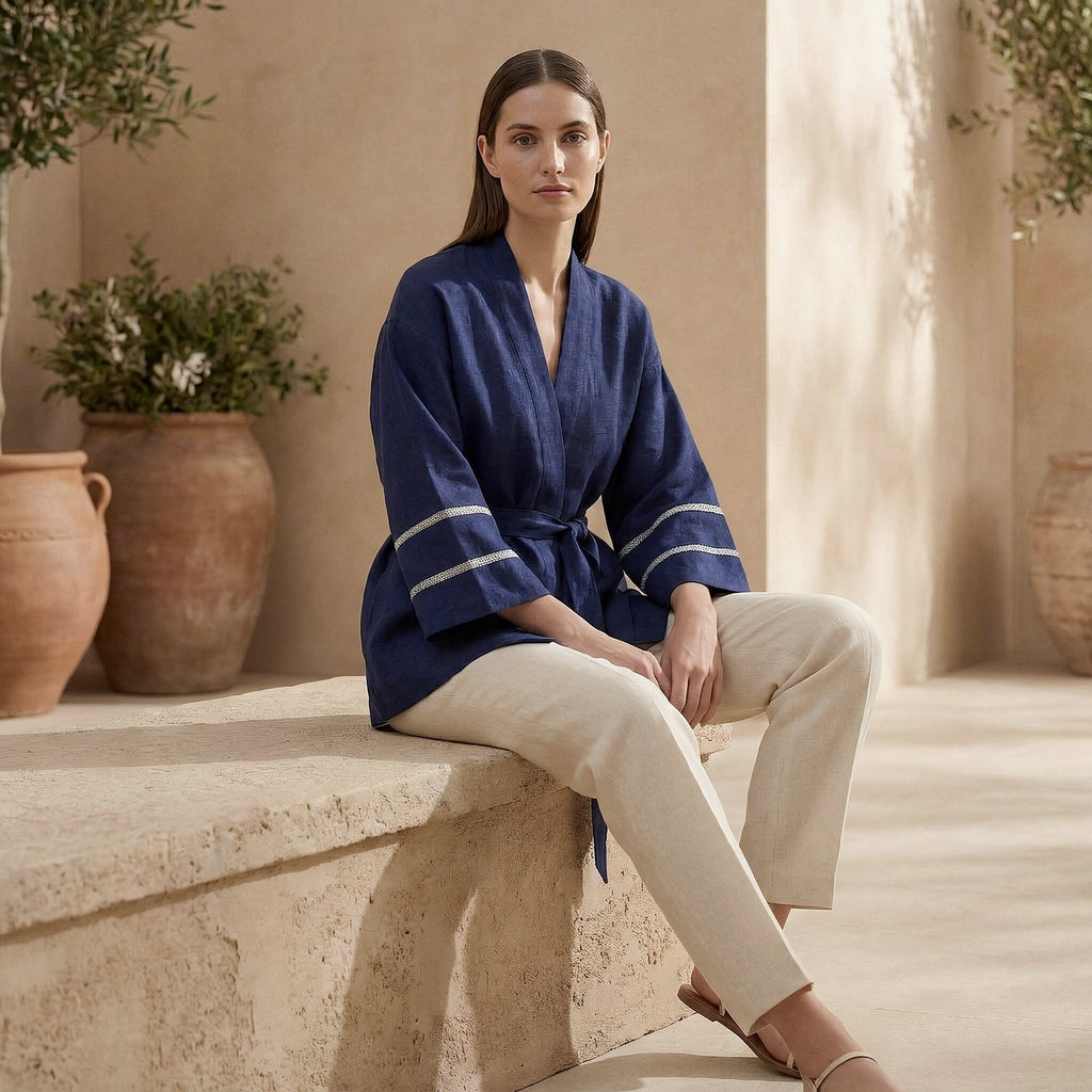 Blue Handspun Cotton Kyoto Kimono Sleeve Wrap Top