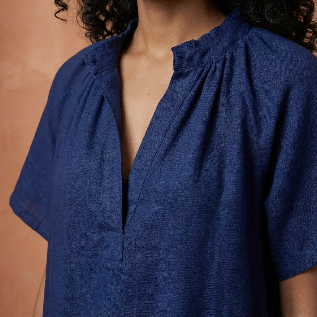 Blue Handspun Cotton Mandarin Collar A-Line Short Dress