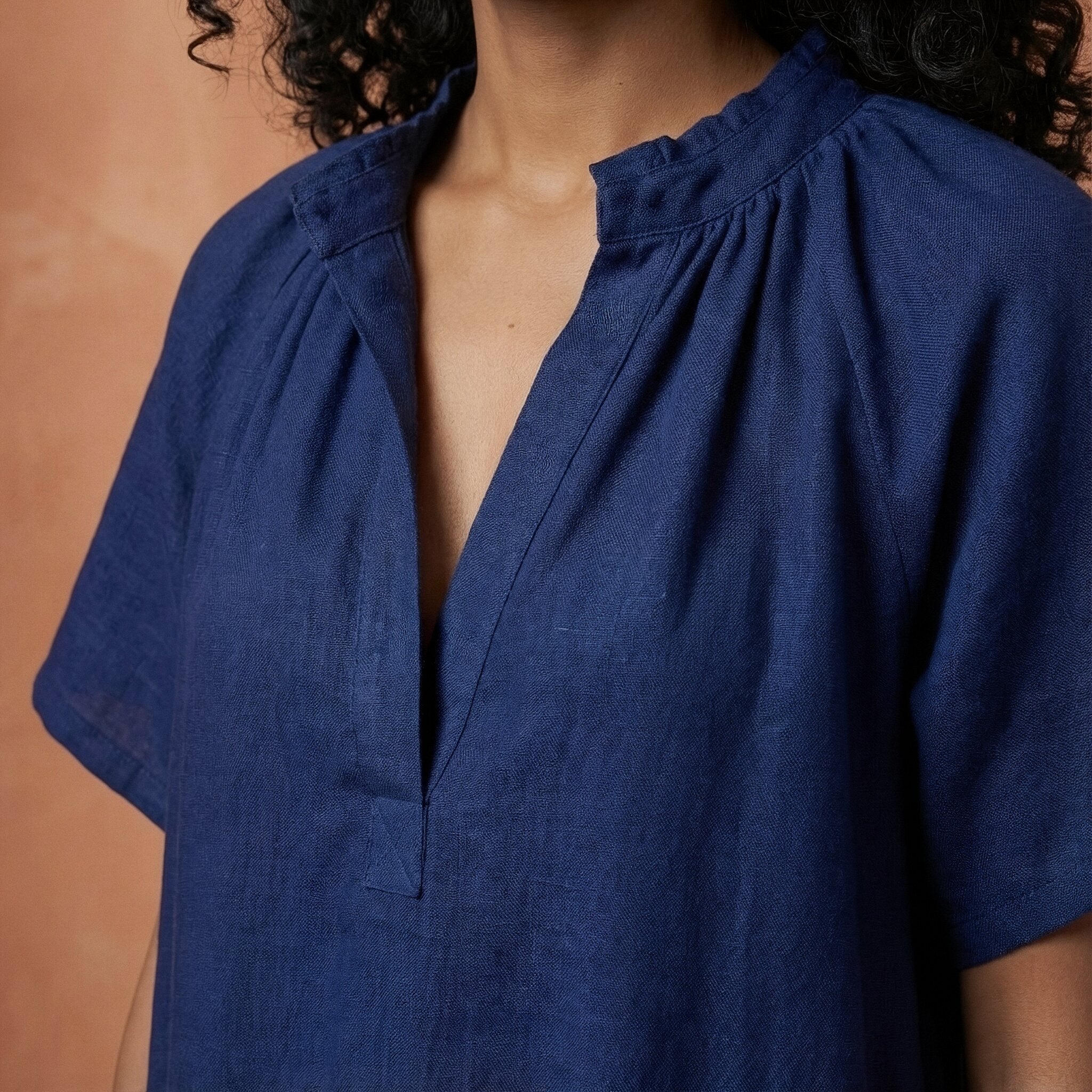 Blue Handspun Cotton Mandarin Collar A-Line Short Dress