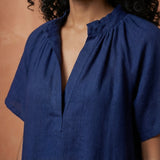 Blue Handspun Cotton Mandarin Collar A-Line Short Dress