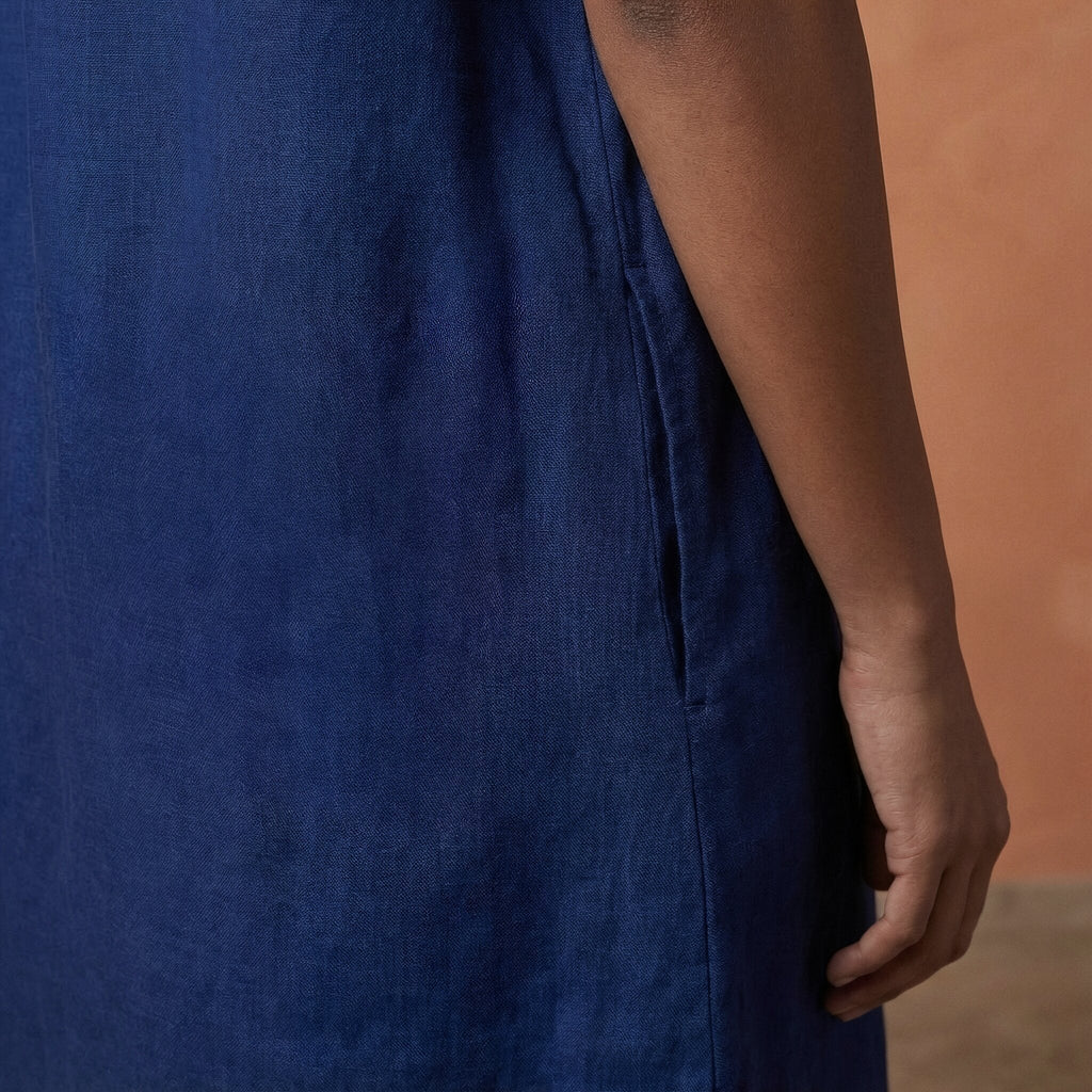 Blue Handspun Cotton Mandarin Collar A-Line Short Dress