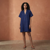 Blue Handspun Cotton Mandarin Collar A-Line Short Dress