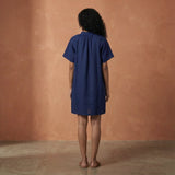 Blue Handspun Cotton Mandarin Collar A-Line Short Dress