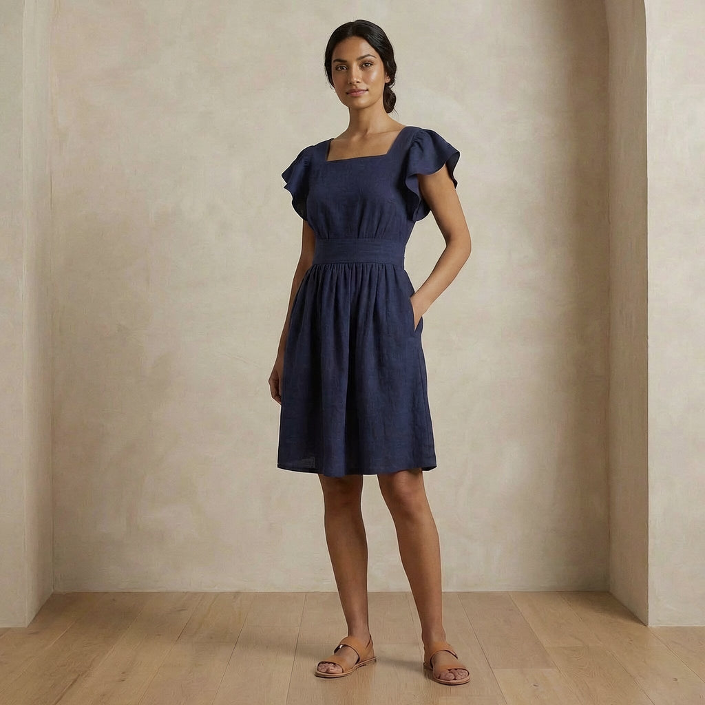 Blue Handspun Cotton Open-Back Fit and Flare Knee Length Dress