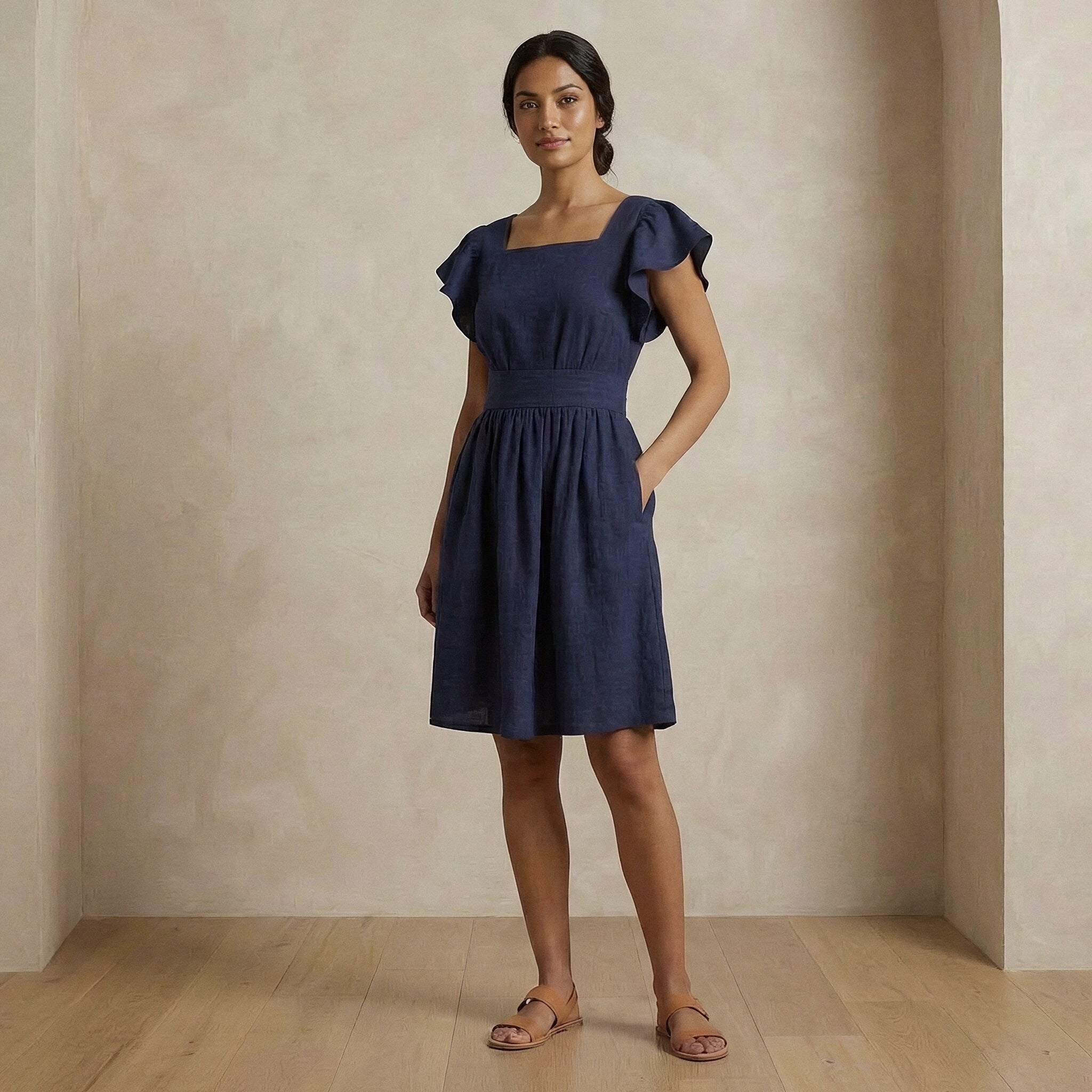 Blue Handspun Cotton Open-Back Fit and Flare Knee Length Dress