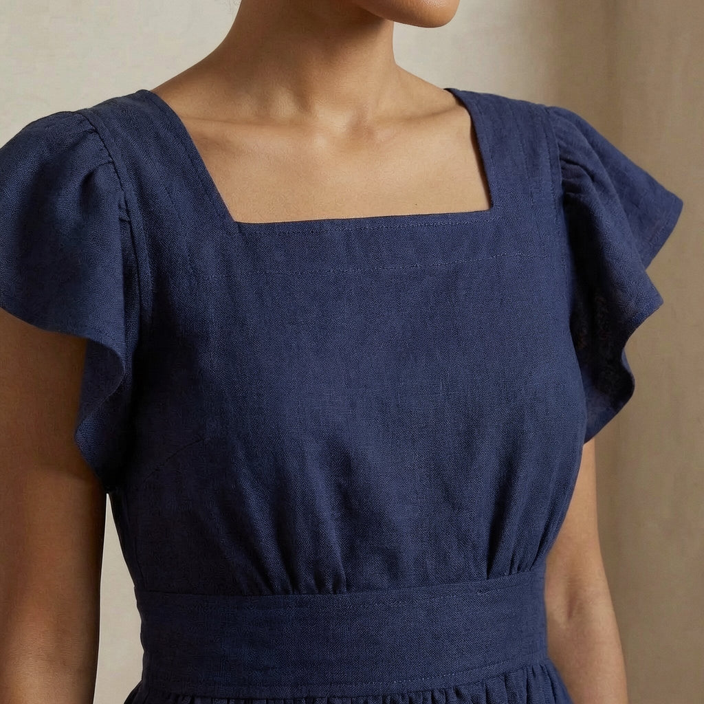 Blue Handspun Cotton Open-Back Fit and Flare Knee Length Dress