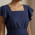 Blue Handspun Cotton Open-Back Fit and Flare Knee Length Dress
