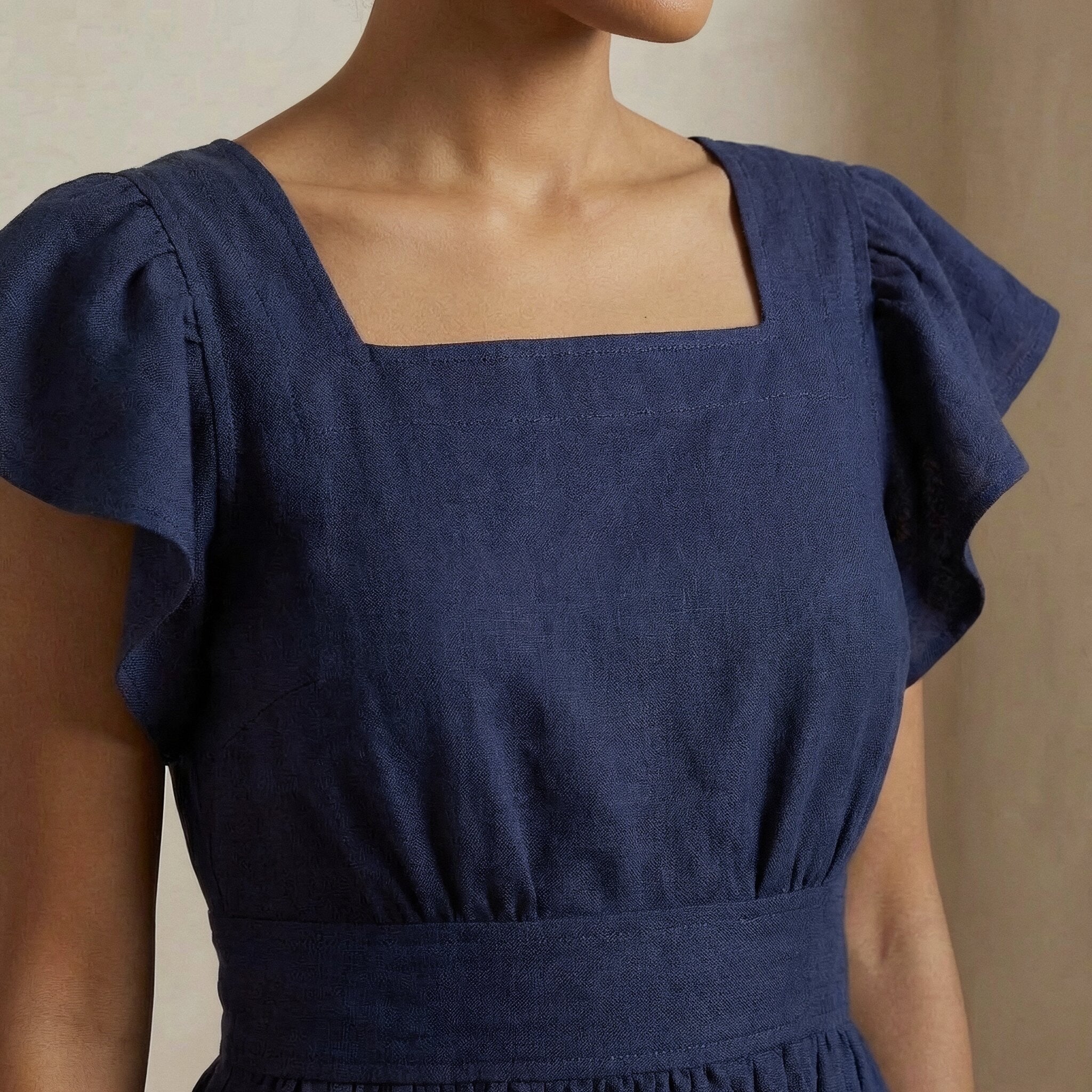 Blue Handspun Cotton Open-Back Fit and Flare Knee Length Dress